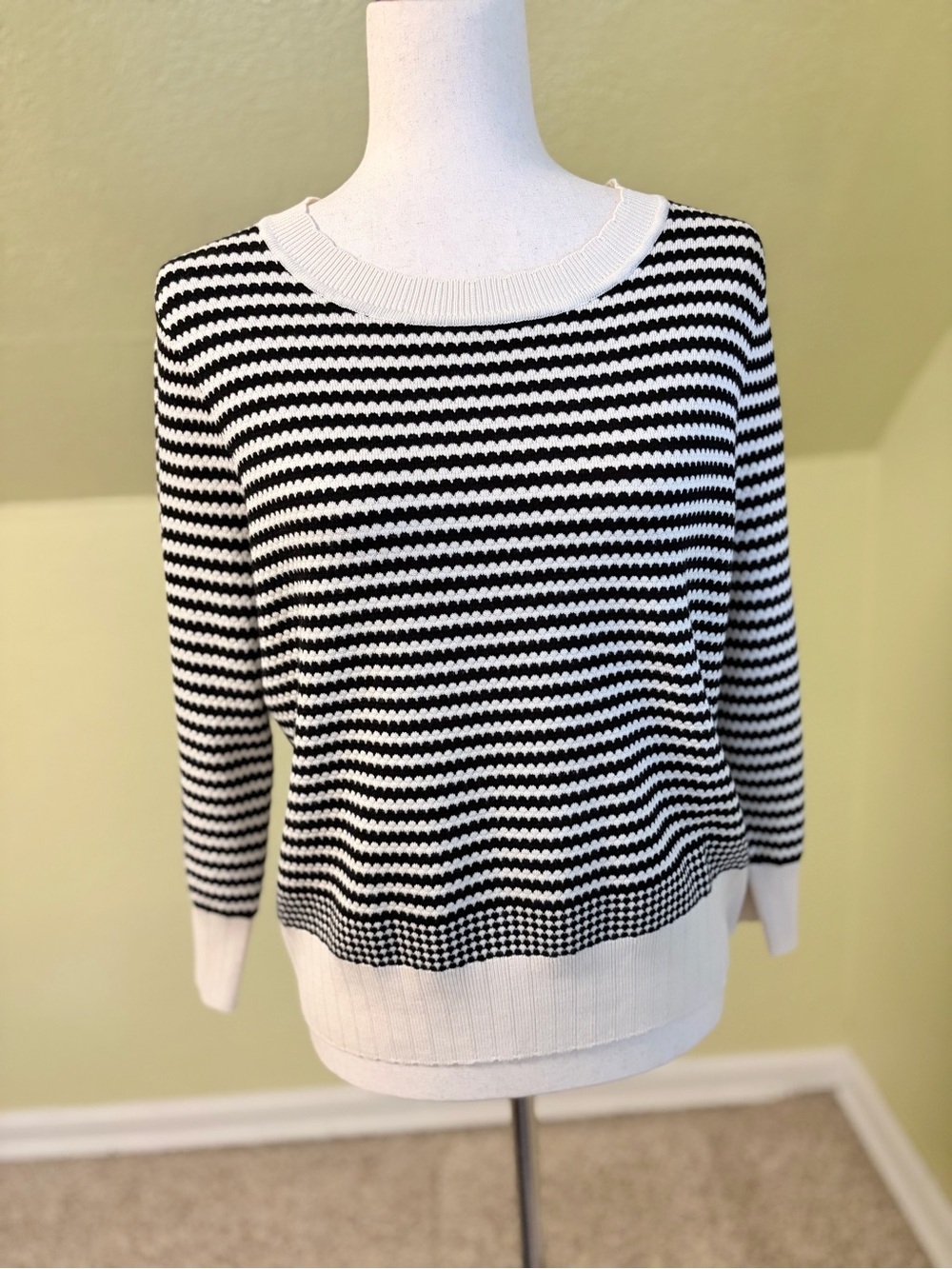 Adrianna Papell Black and White Striped Sweater with Scalloped Details